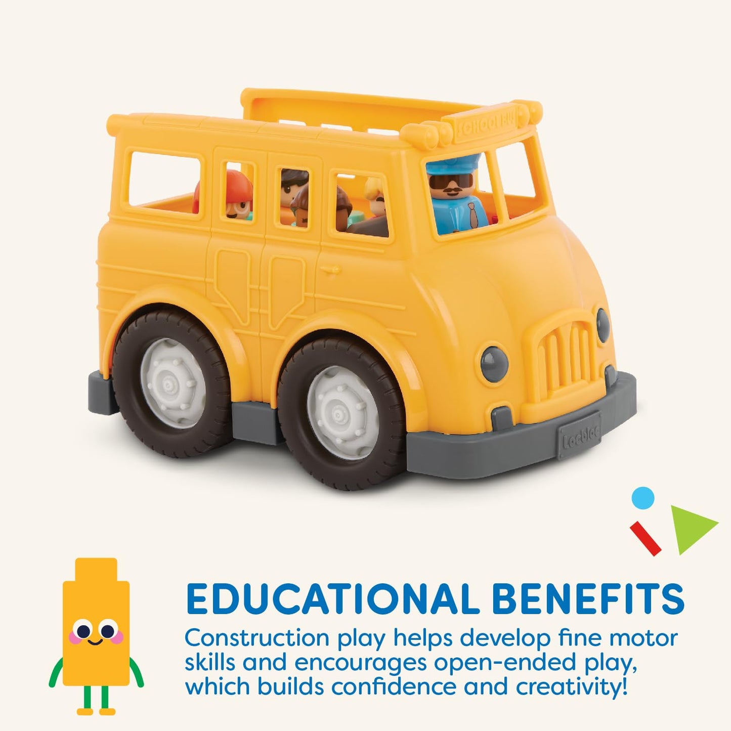 Battat - School Bus - 8Pc Construction Set - 5 Figures & 2 Blocks - Build-On Vehicle - 12 Months + - Locbloc School Bus