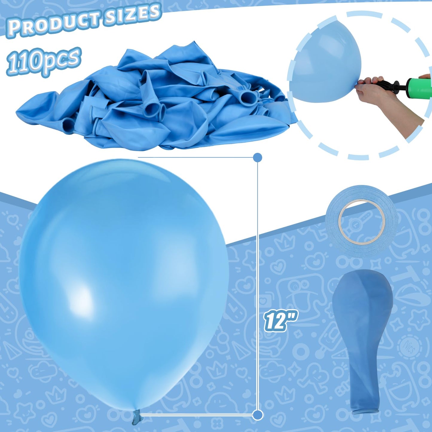 Lovestown 110Pcs Light Blue Latex Balloons, 12 Inch Baby Blue Helium Round Balloons With Ribbon For Engagement Birthday Baby Shower Wedding Graduation Party Backdrop Decorations