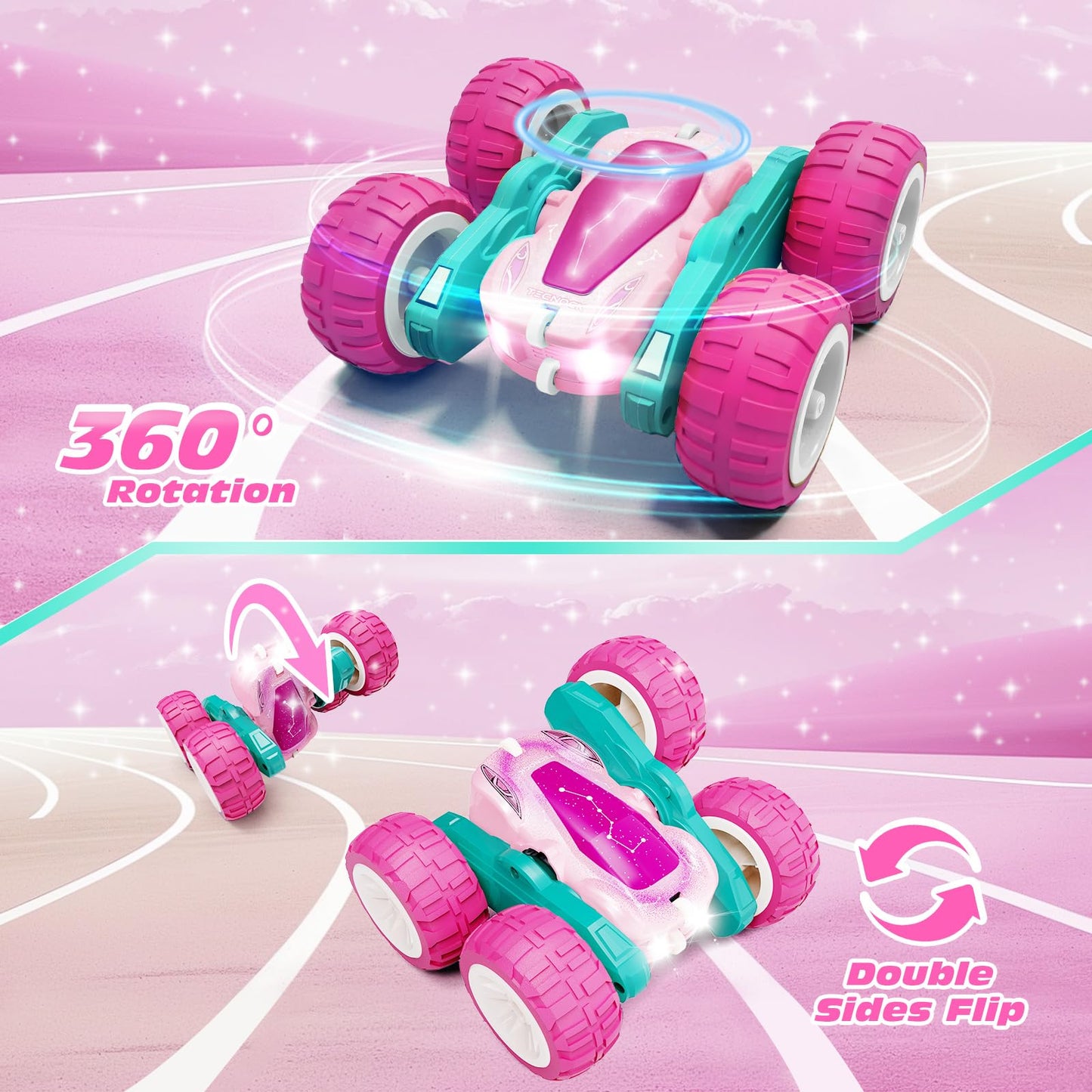Tecnock Pink Remote Control Car, 2.4GHz, 4WD, USB-C Charging, Model S8915E, Stunt Car for Kids Ages 6-12, 3x