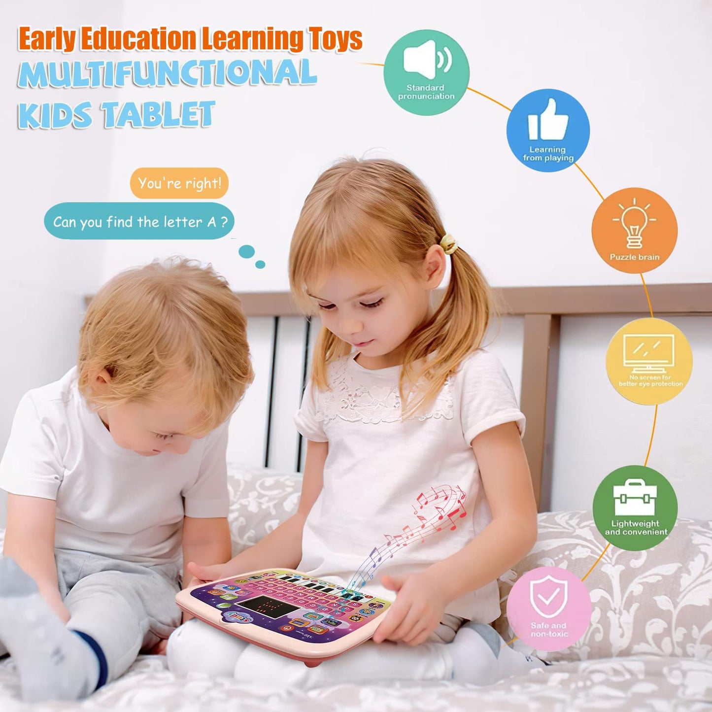 Wenbeier Kids Tablet Toddler Learning Pad With Led Screen Teach Alphabet Numbers Word Music Math Early Development Interactive E