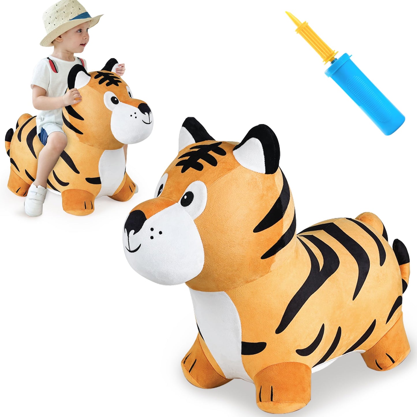 iPlay, iLearn Bouncy Pals Tiger Hopper Toy - Large Inflatable Plush Ride-On Bouncer for Kids, Yellow, Indoor/Outdoor Fun, Ages 2-6