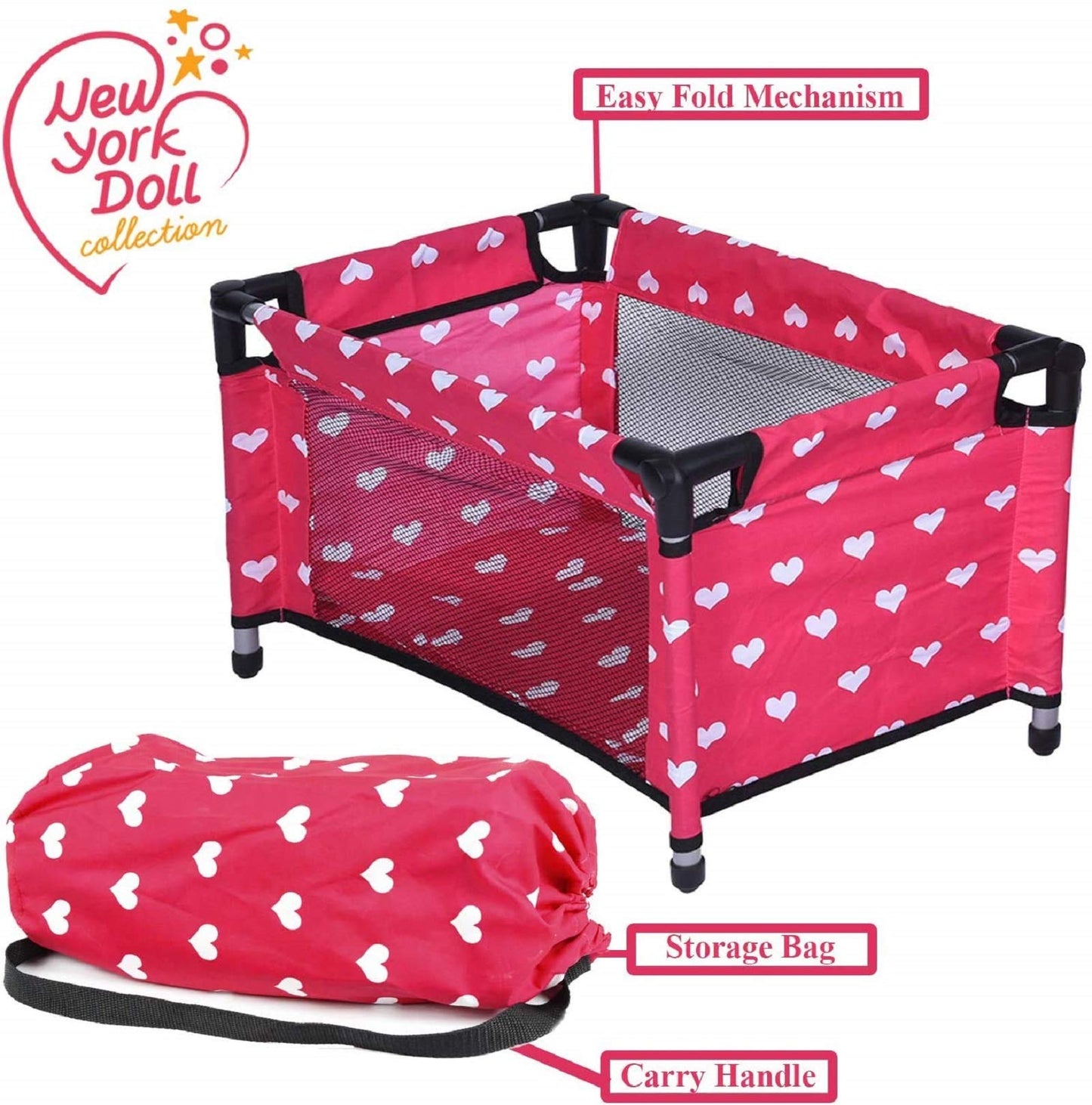 Doll Fold N' Store Pack N' Play - Doll Play Yard With Cute Hearts Design