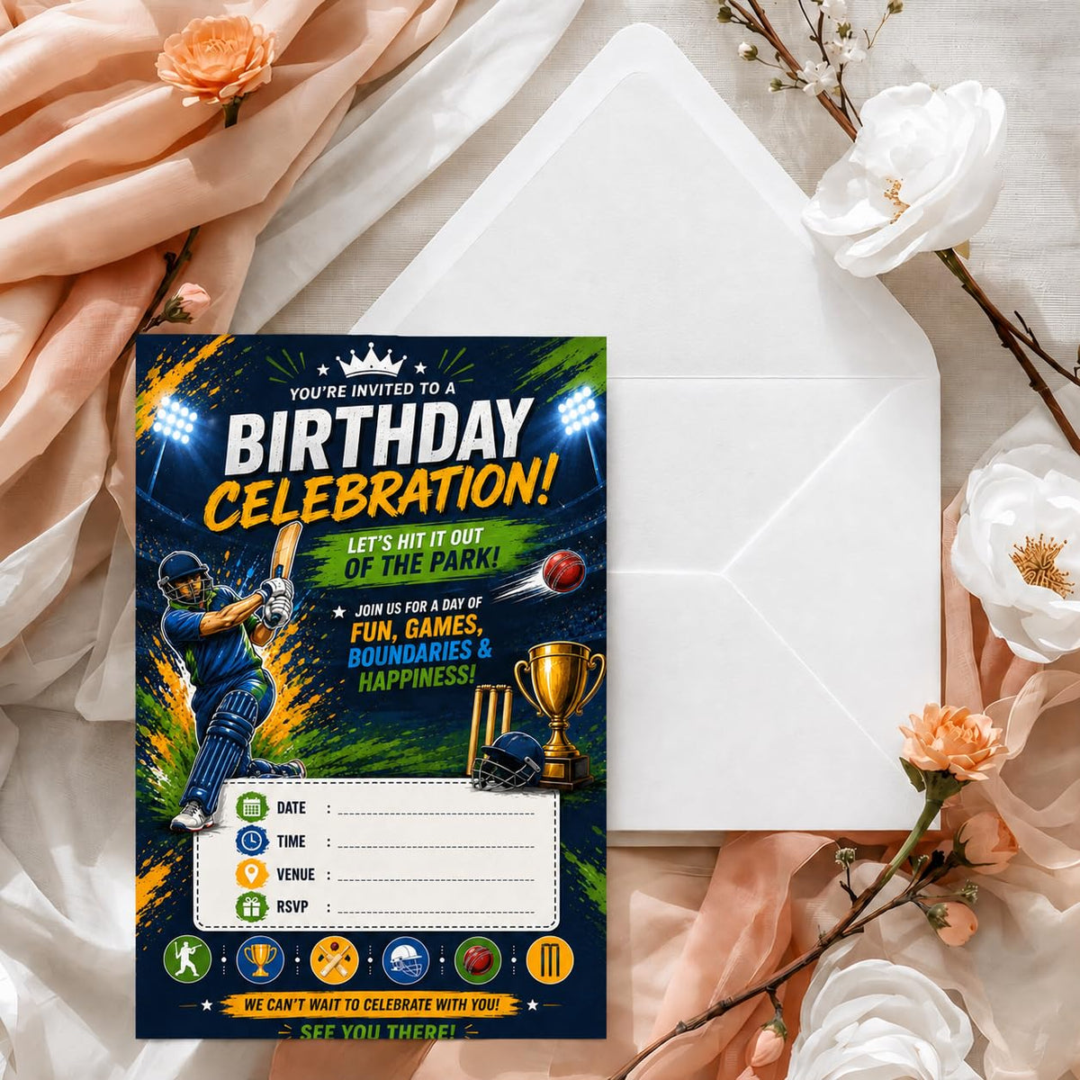 Pixelfox Birthday Invitation Cards Cricket Theme Party Invite Cards Set Of 15 | Kids Birthday Invitation Card Bundle With Envelo