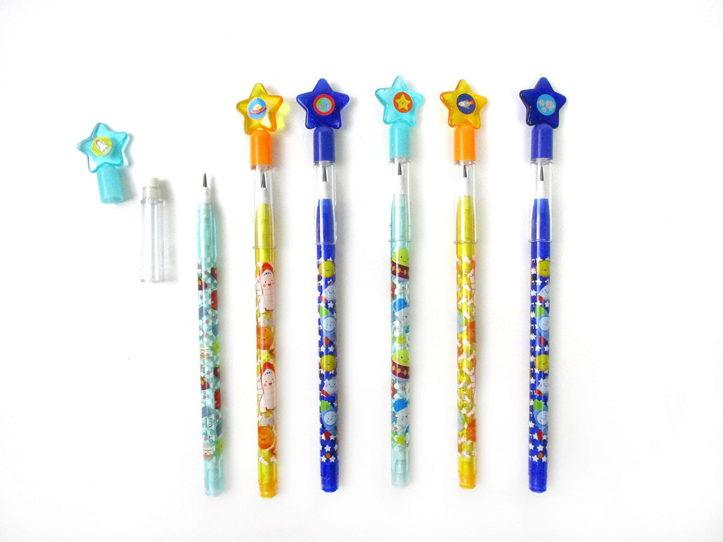 Tinymills 24 Pcs Outer Space Rocket Multi Point Stackable Push Pencil Assortment With Eraser For Space Birthday Party Favor Prize Carnival Goodie Bag Stuffers Classroom Rewards