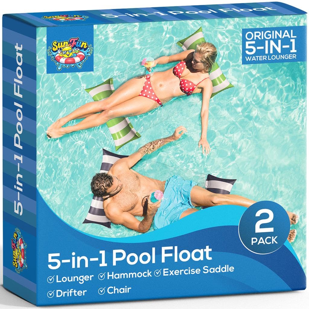 Sun Fun Pool Lounger Inflatable Pool Floats 5-in-1 Lounger Water Hck Float Multi-Purpose Floaties for mature-themeds  2 Pack  X-Large  Lime Green  and Navy Blue