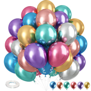 Metallic Balloons, 12 Inch Rainbow Chrome Balloons, 35Pcs Assorted Colors Multicolor Metallic Purple Red Green Blue Silver Rose