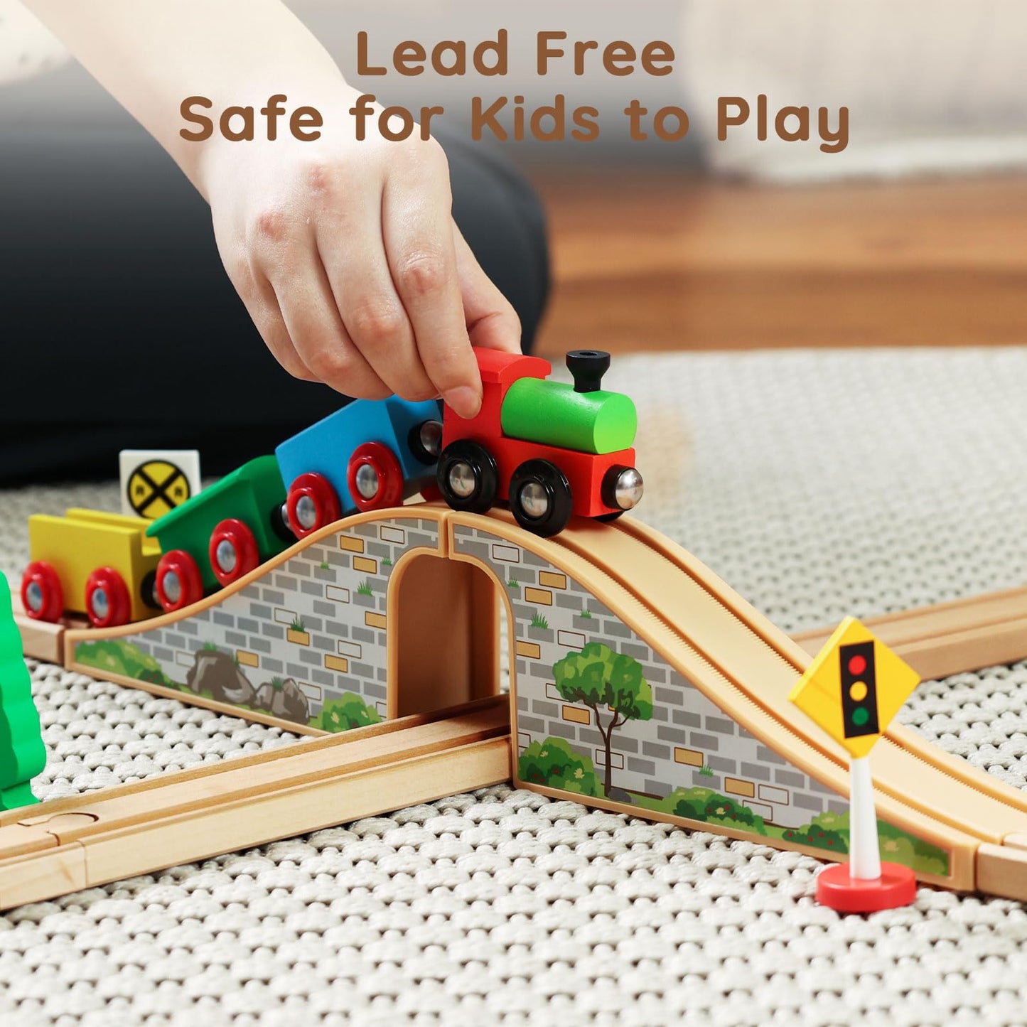 SainSmart Jr. Wooden Train Set for Toddler with Double-Side Train Tracks Fits Brio, Thomas, Melissa and Doug, Kids Wood Toy Trai
