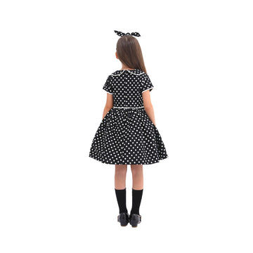 Rabtero 1950S Black And White Polka Dot Dress Costume For Girls 7-8 Years, Large - Halloween Outfit With Headband, Glasses And S