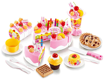 HenMerry 75PCS Birthday Cake Toy DIY Cutting Cake Play Set Kids Play Kitchen Food Pretend Play Cake Toy Best for Girls Birthday 