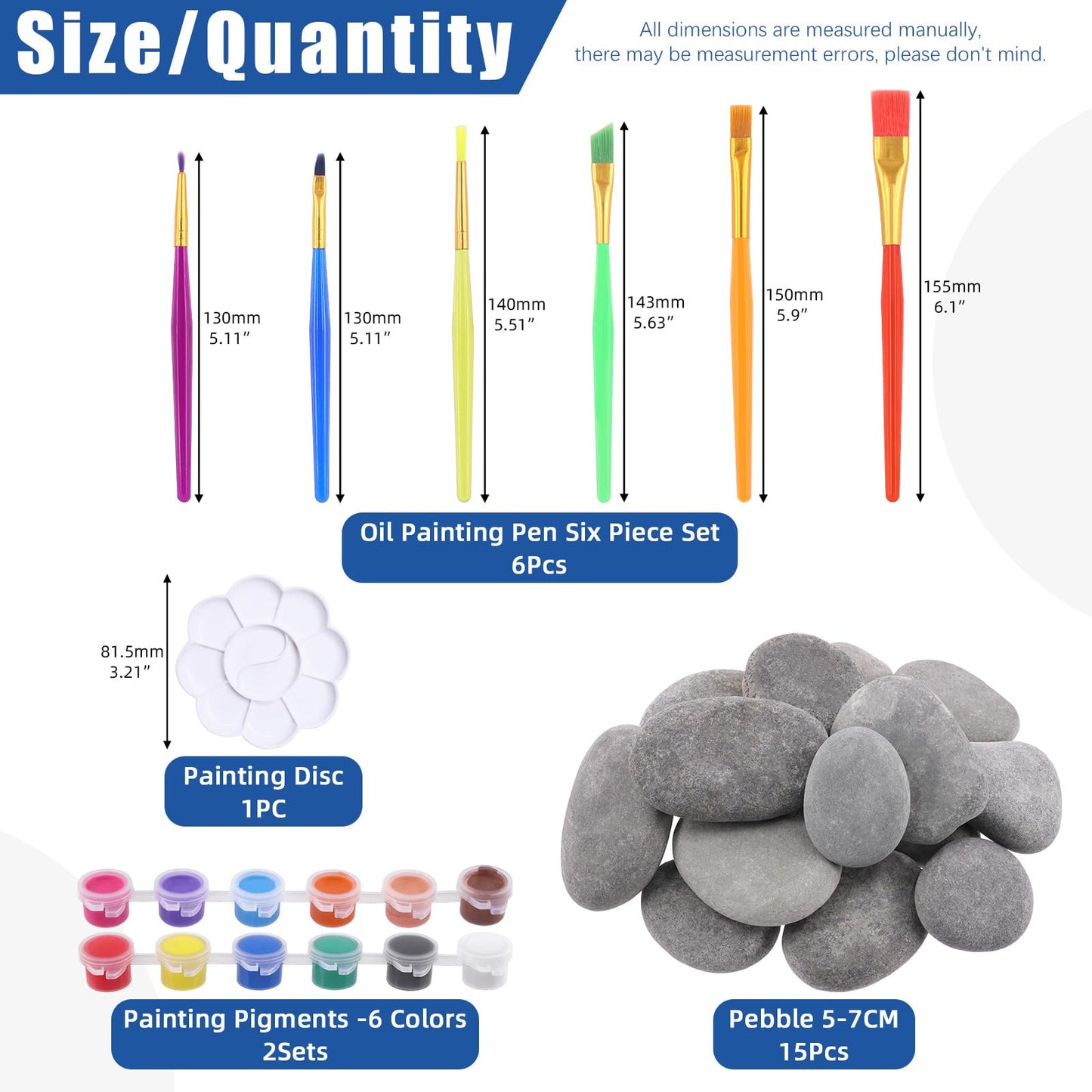 Glarks 34Pcs Rock Painting Kit, Including 15Pcs 2-3 Flat Painting Stones River Rocks, 12 Colors Non-Toxic Washable Paint, 6Pcs P
