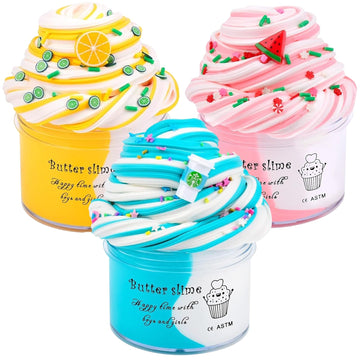 Keemanman Butter Slime Kit 3 Pack With Watermelon, Latte And Lemon Charms, Cool Preppy Stuff, Cute Stress Relief Toys And Birthday Gifts Ideas For Girls And Boys, Scented Aesthetic Stuff For Kids