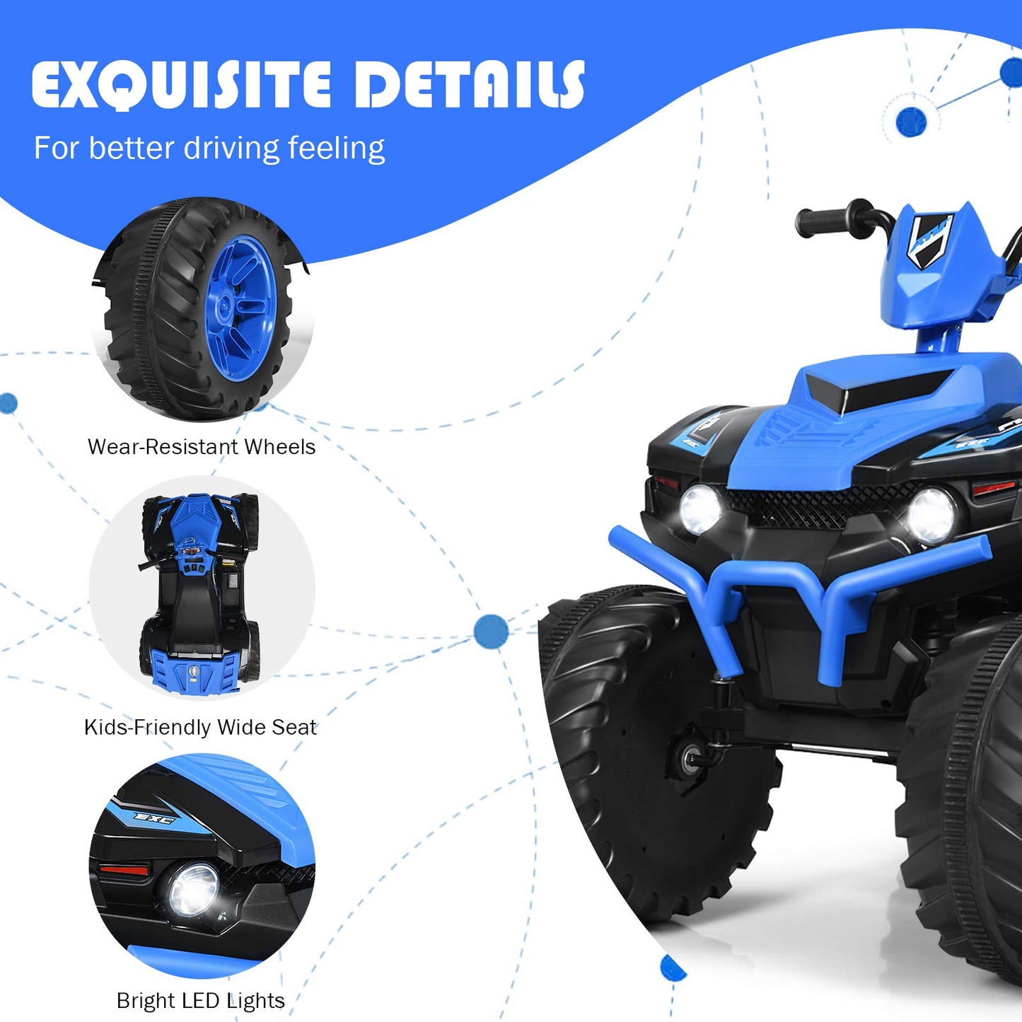 Costzon Kids Atv, 12V Battery Powered Electric Vehicle W/Led Lights, High & Low Speed, Horn, Music, Usb, Treaded Tires, Ride On Car 4 Wheeler Quad For Boys & Girls Gift, Ride On Atv (Blue)