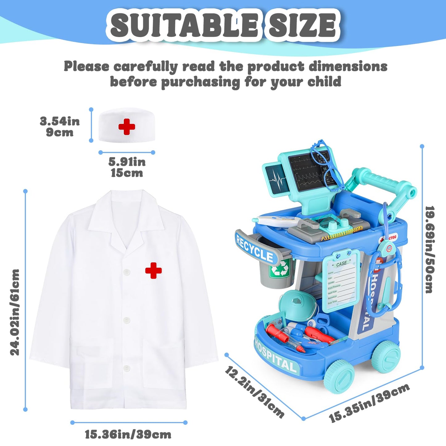 deAO Doctor Cart Kit for Kids Toy Pretend Playset with Doctor Costume Stethoscope and Medical Instruments Role Play Mobile Medic
