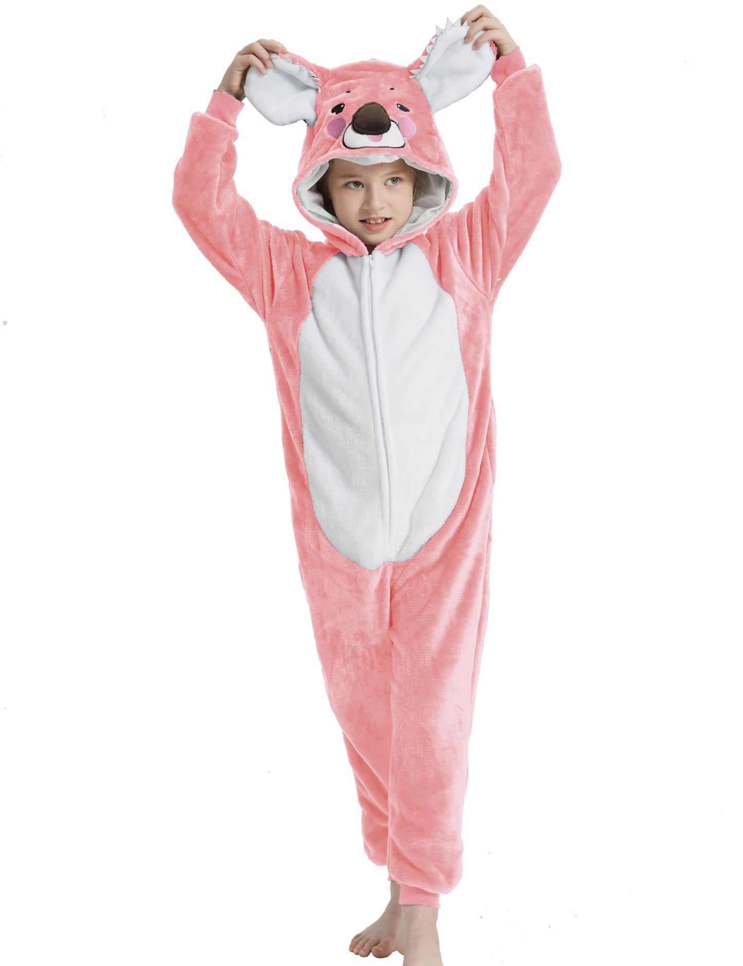 Acogna Onesie Kids Plush Animal Koala Costume One Piece Pajamas Girls Boys Teen Halloween Cosplay Sleepwear Pink 6-7 Years