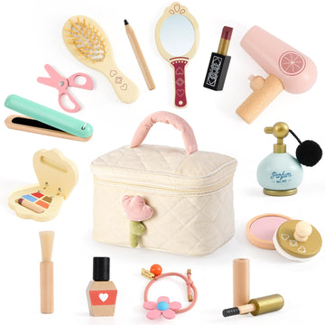 Atoylink Wooden Makeup Toy Set, 15Pcs Hair Salon Girl Toys Toddler Pretend Play Makeup Kit with Plush Makeup Bag Princess Beauty
