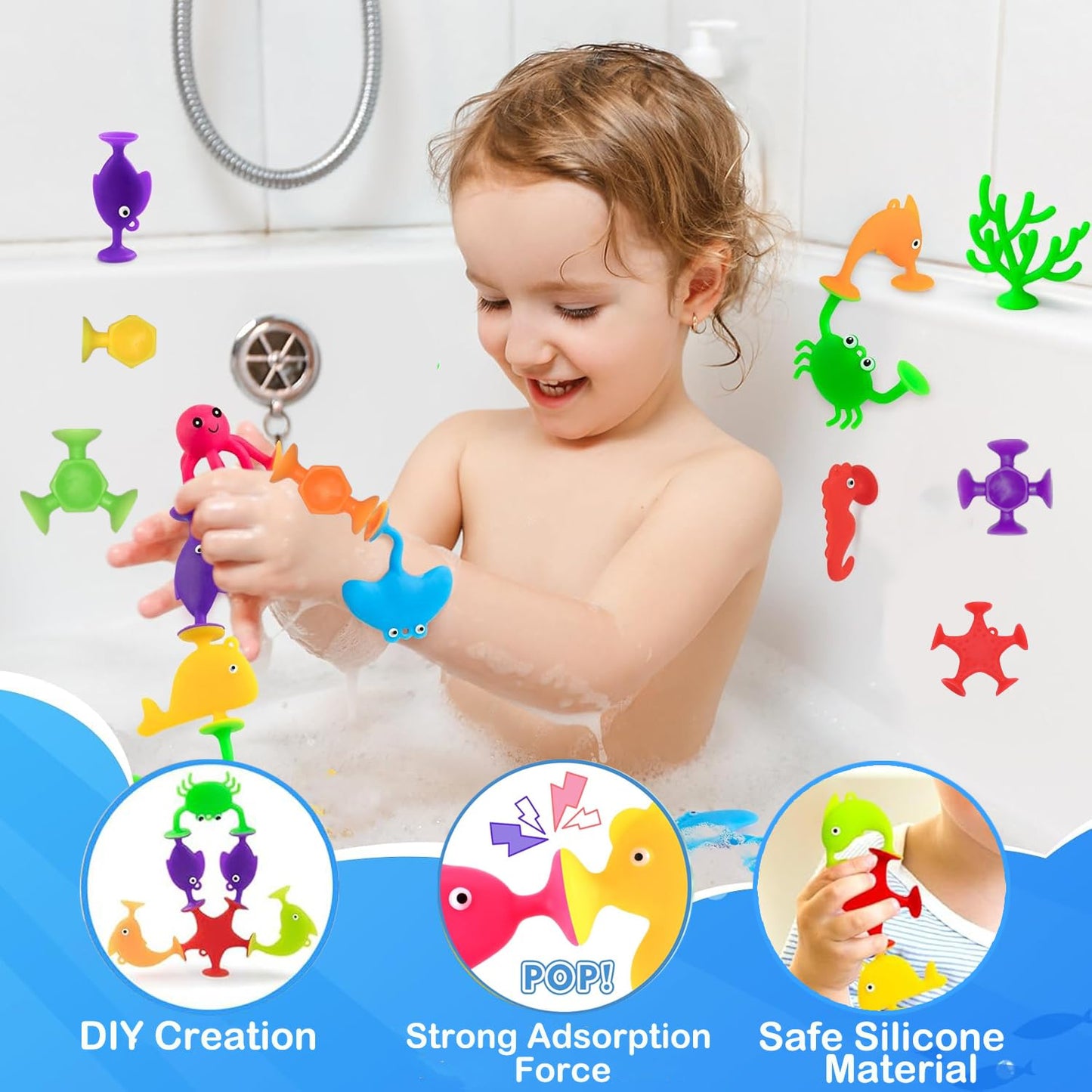 Bath Toys For Kids, 38 Pcs Suction Cup Bath Toys Silicone Ocean Animal Bath Tub Toys For Kids Ages 4-8 Window Building Bath Suct