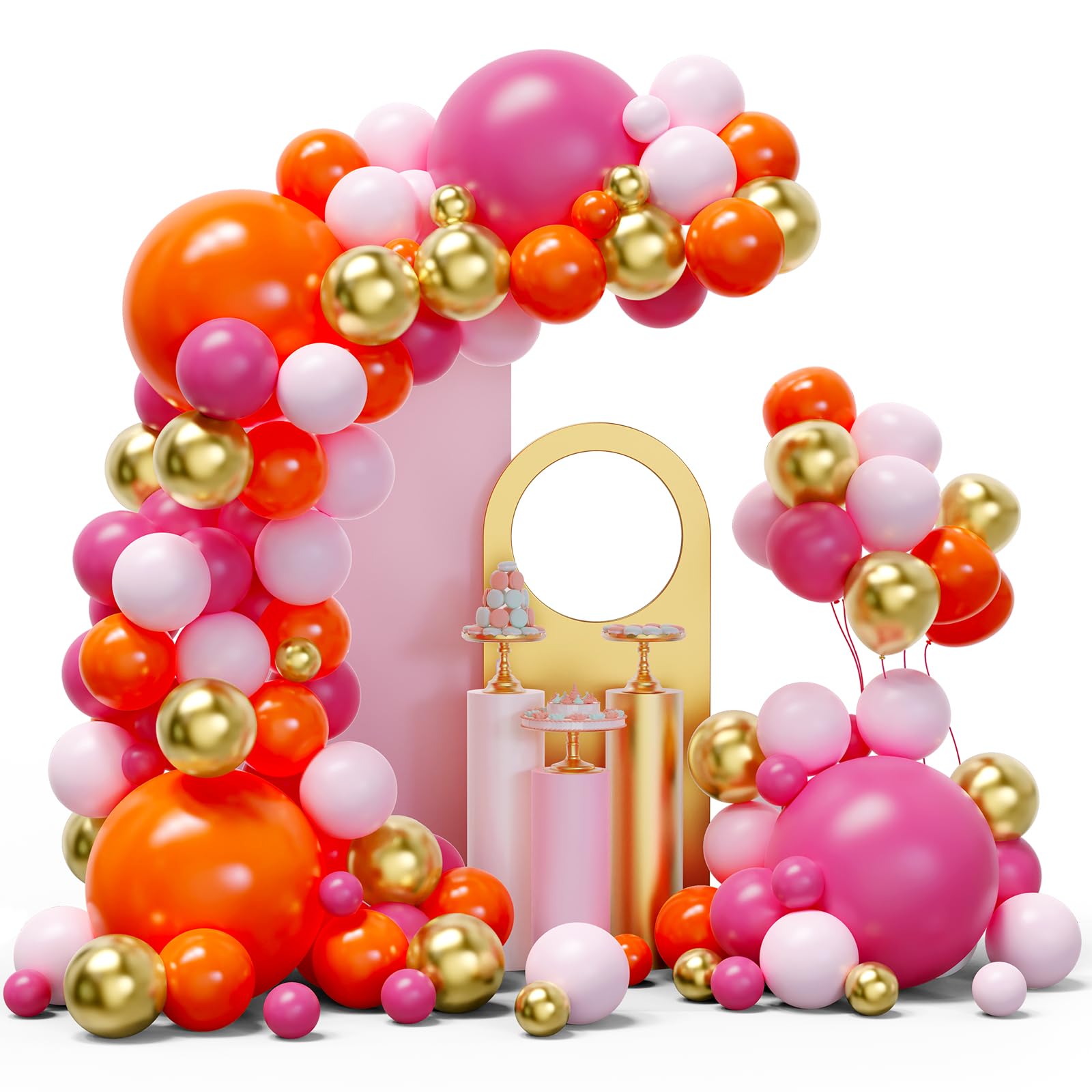 Pink And Orange Balloon Arch Kit, 134Pcs Hot Pink Orange Metallic Gold Latex Balloons With Different Size For Birthday Baby Show
