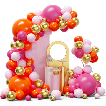 Pink And Orange Balloon Arch Kit, 134Pcs Hot Pink Orange Metallic Gold Latex Balloons With Different Size For Birthday Baby Show
