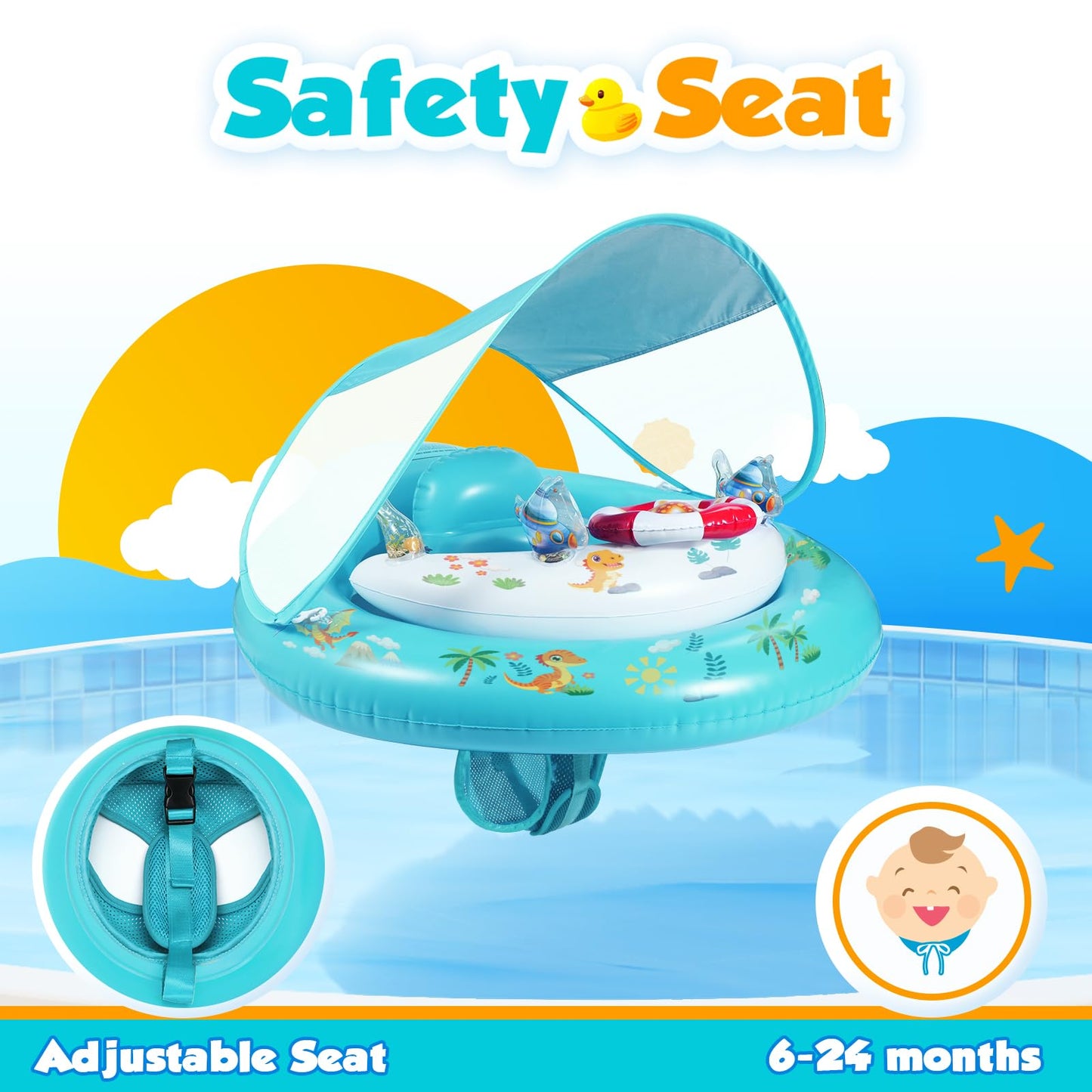 Baby Pool Float With Canopy Upf50+ Sun Protection, Inflatable Kids Pool Floats With Toy Play Console For Baby 6-36 Months, Infan