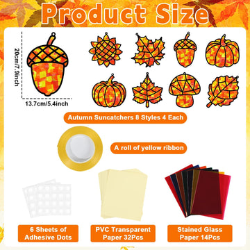 32 Sets Fall Thanksgiving Suncatchers Craft Kit DIY Window Stained Glass Effect Autumn Harvest Paper Crafts Home School Classroo