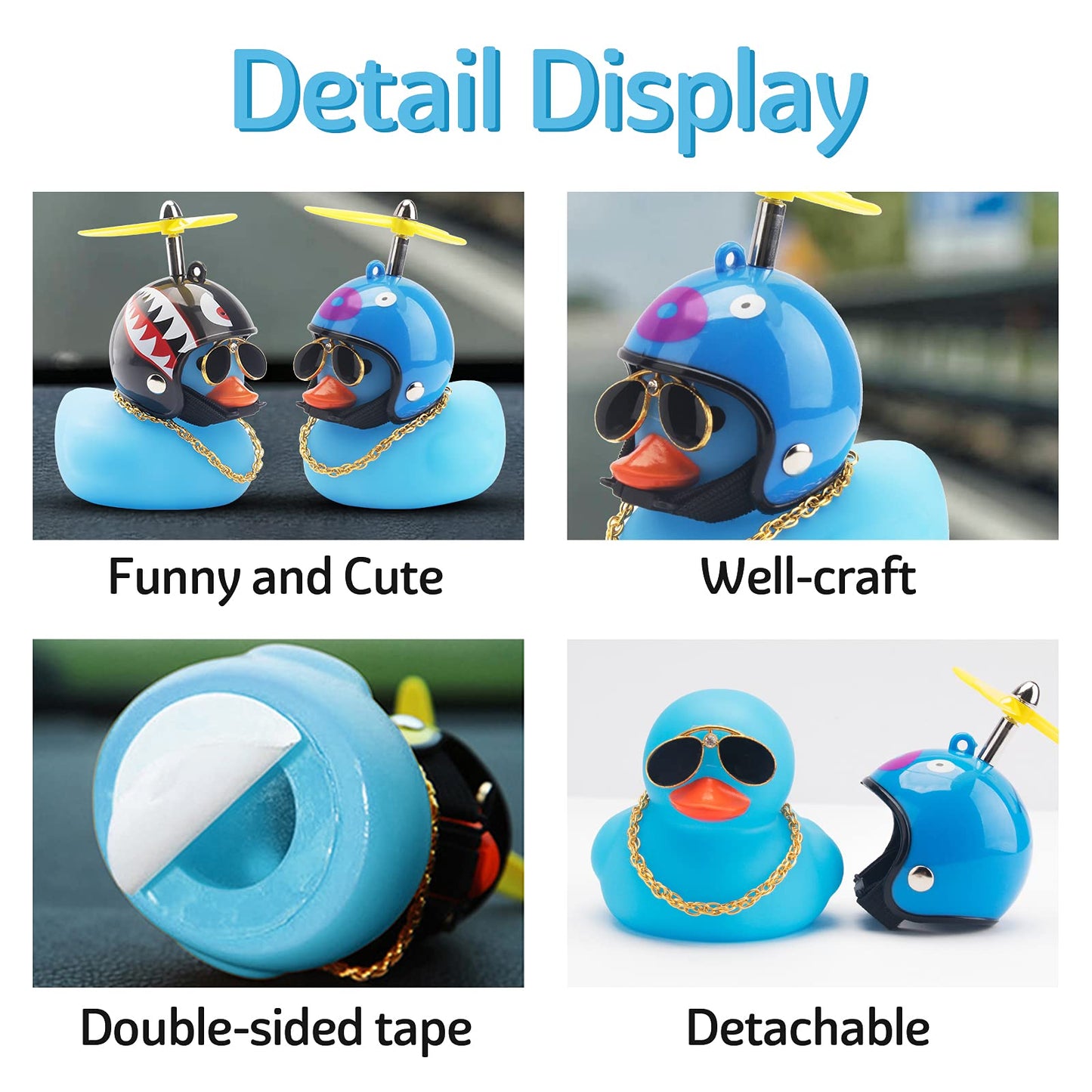 Wonuu Rubber Duck Toy Car Decoration Ornaments Duck Car Dashboard Decorations Cool Glasses Duck With Propeller Helmet (Blue-Fish