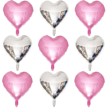 Pink Heart Shaped Balloons Pack Of 10, 18 Inch Love Valentine Balloons Silver Heart Romantic Balloons For Valentines Day Propose