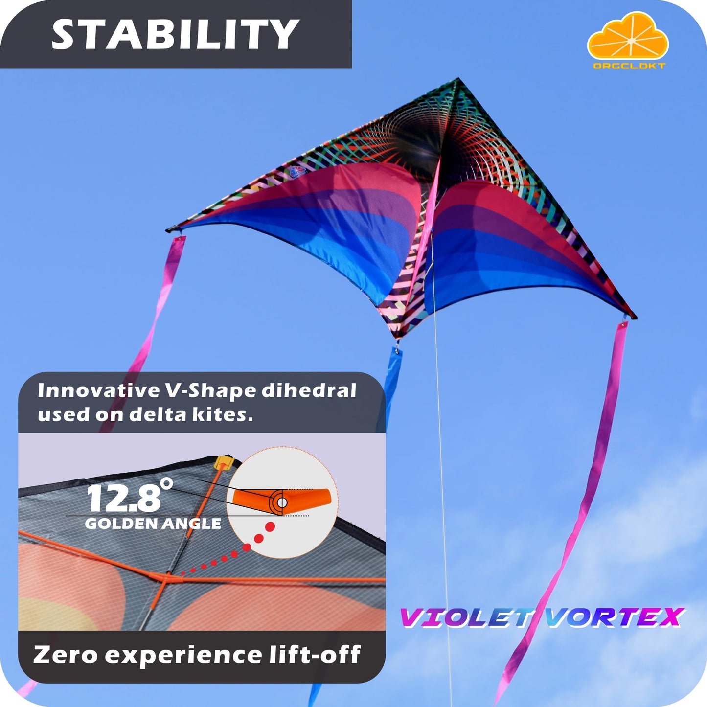 Orgcldkt Rainbow Cruiser Delta Kite-Violet Votex, Kites For Adults,Kites For Kids, Ages 8-12,Ages 4-8,Ages 3-5,Easy To Fly,Beach