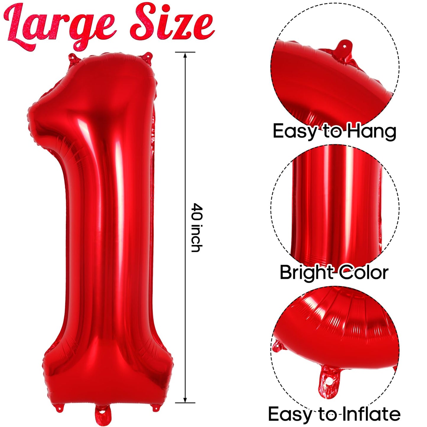 Red Number 1 Balloon 40 Inch, Big Large Foil Helium Number Balloons, Jumbo Giant Mylar Number 1 Balloons For 1St First Birthday