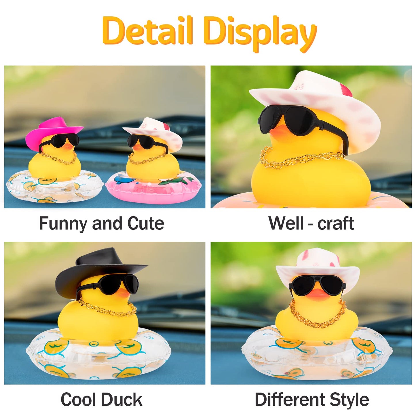 Wonuu Car Rubber Duck, Yellow Duck Decoration Dashboard With Sun Hat Swim Ring Necklace Sunglasses For Car Dashboard Decorations, Black Cowboy Hat-Transparent