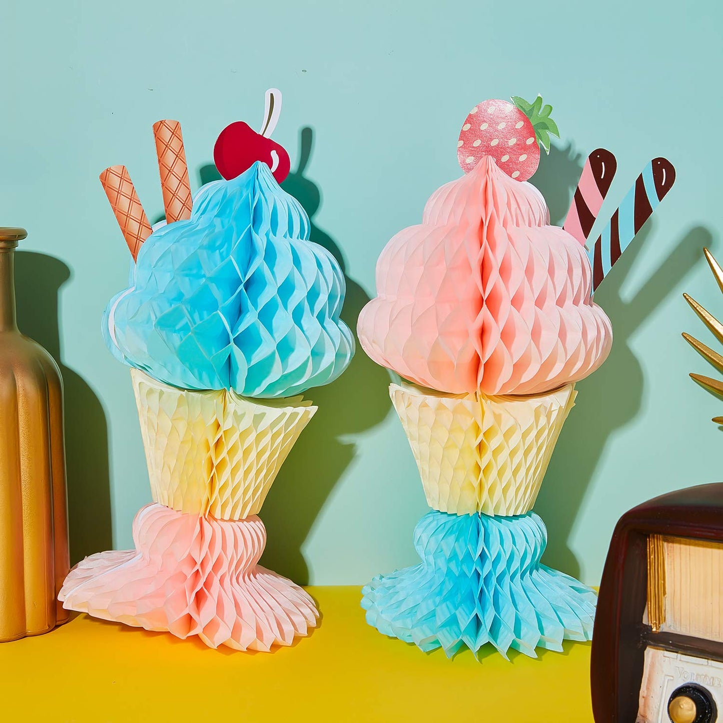 Outus 4 Pcs Tissue Ice Cream Honeycomb Sundae Table Centerpiece Ice Cream Party Decorations For 50S Themed Ice Cream Sundae Theme Party Supplies