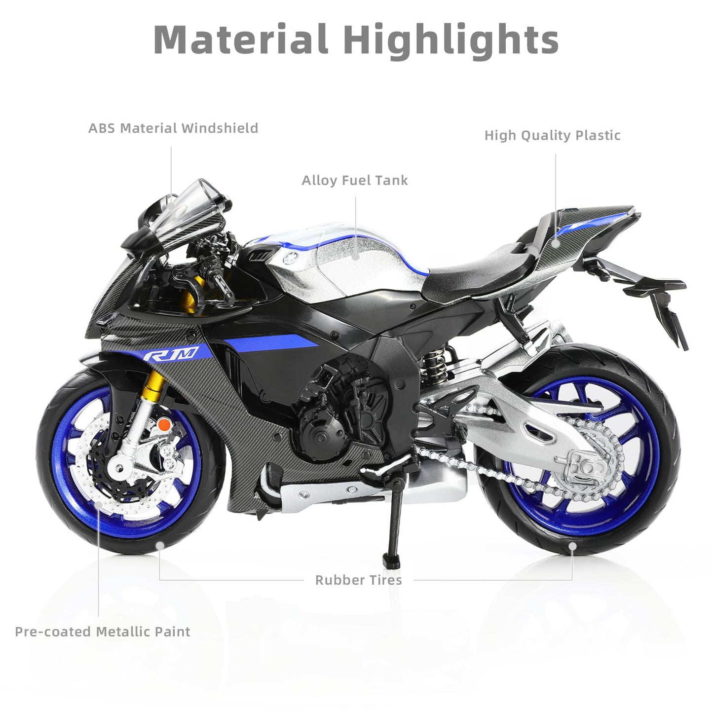 Risopen 1:12 Motorcycle Model For Yamaha Yzf-R1M 1000R Alloy Diecast Motorcycle Model Toy Mini Moto Gift(Silver)