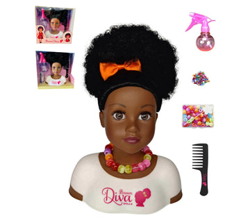 Black African Brown Styling Head Dolls With Curly Afro Hair And 5 Accessories, For Kids, Kids Toys For Ages 3 Up (Diva 02, 11 In