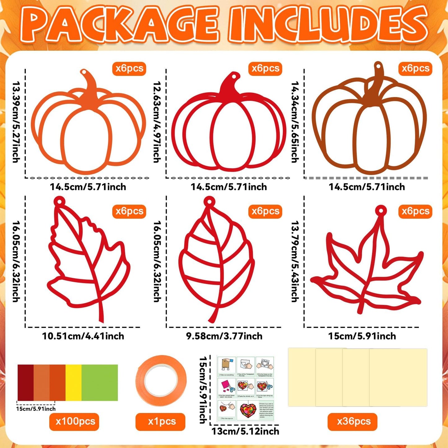 Qyeahkj 36 Set Fall Suncatchers Crafts for Kids DIY Autumn Window Tissue Paper Crafts Kit Maple Leaves Pumpkin Hanging Decor for