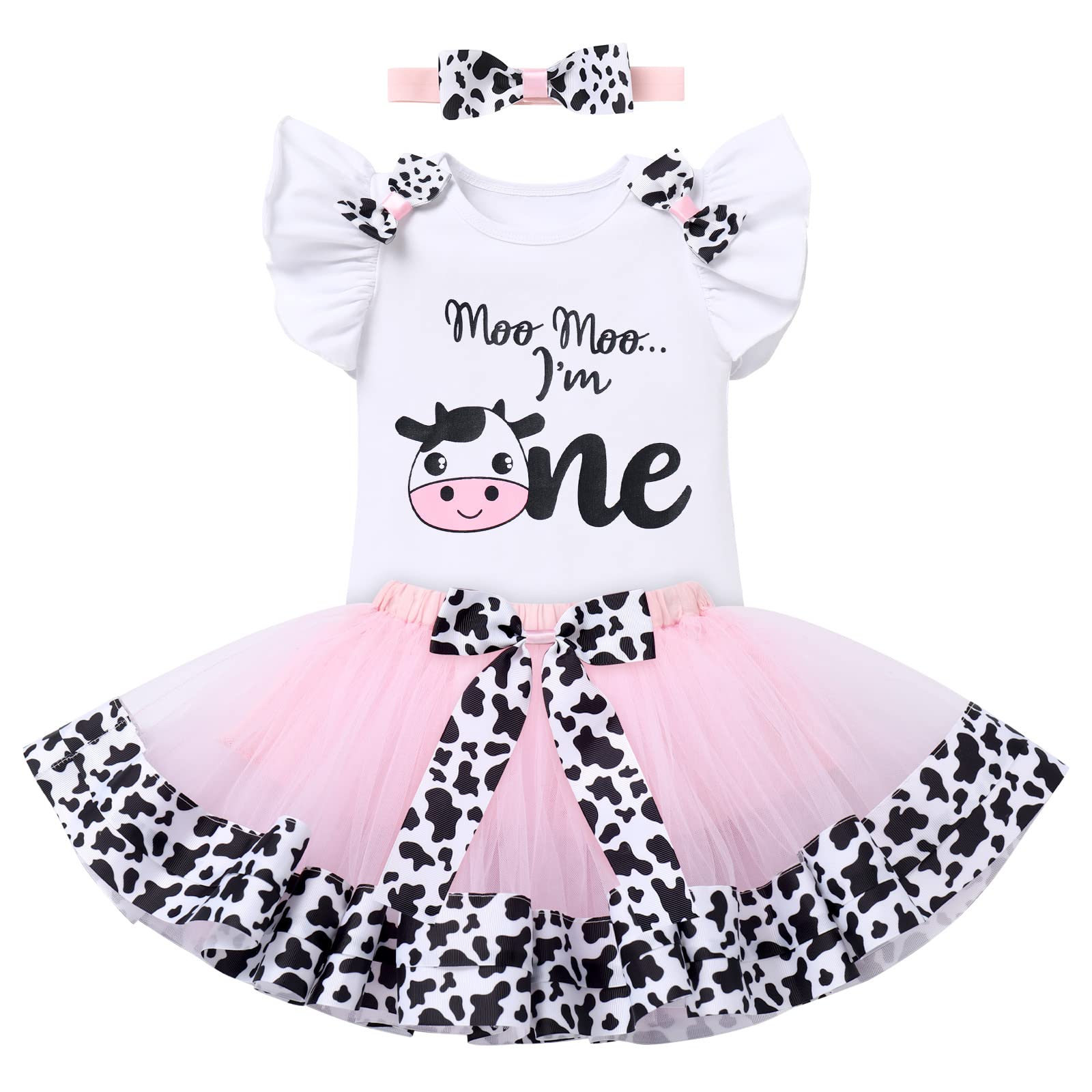 Cow Themed First Birthday Girl Outfit Moo Moo I   M One Romper Tutu Skirt Headband Cake Smash Photoshoot Toddler Baby Cows Print