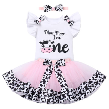 Cow Themed First Birthday Girl Outfit Moo Moo I   M One Romper Tutu Skirt Headband Cake Smash Photoshoot Toddler Baby Cows Print