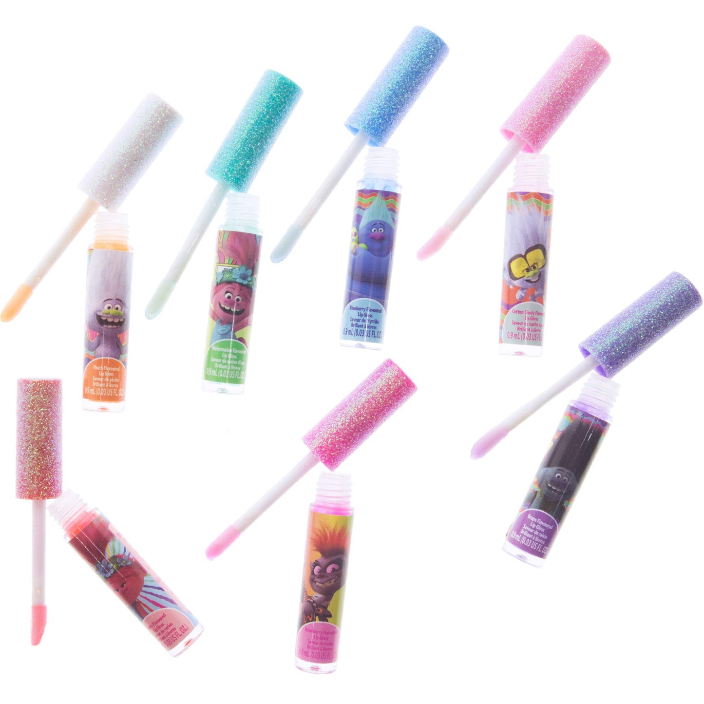 Townley Girl Trolls World Tour Lip Gloss Makeup Set, 7 Pieces, Multi, 0.21 Fl Oz, Ideal for Parties & Gifts for Girls 3+