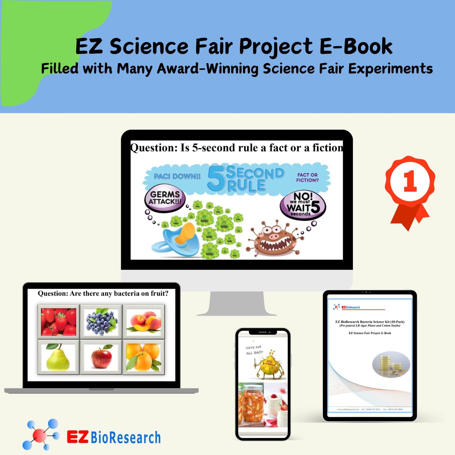 EZ BioResearch Bacteria Science Kit IV - Prepoured LB-Agar Plates, Cotton Swabs, Free Science Fair Project E-Book, Medium Size