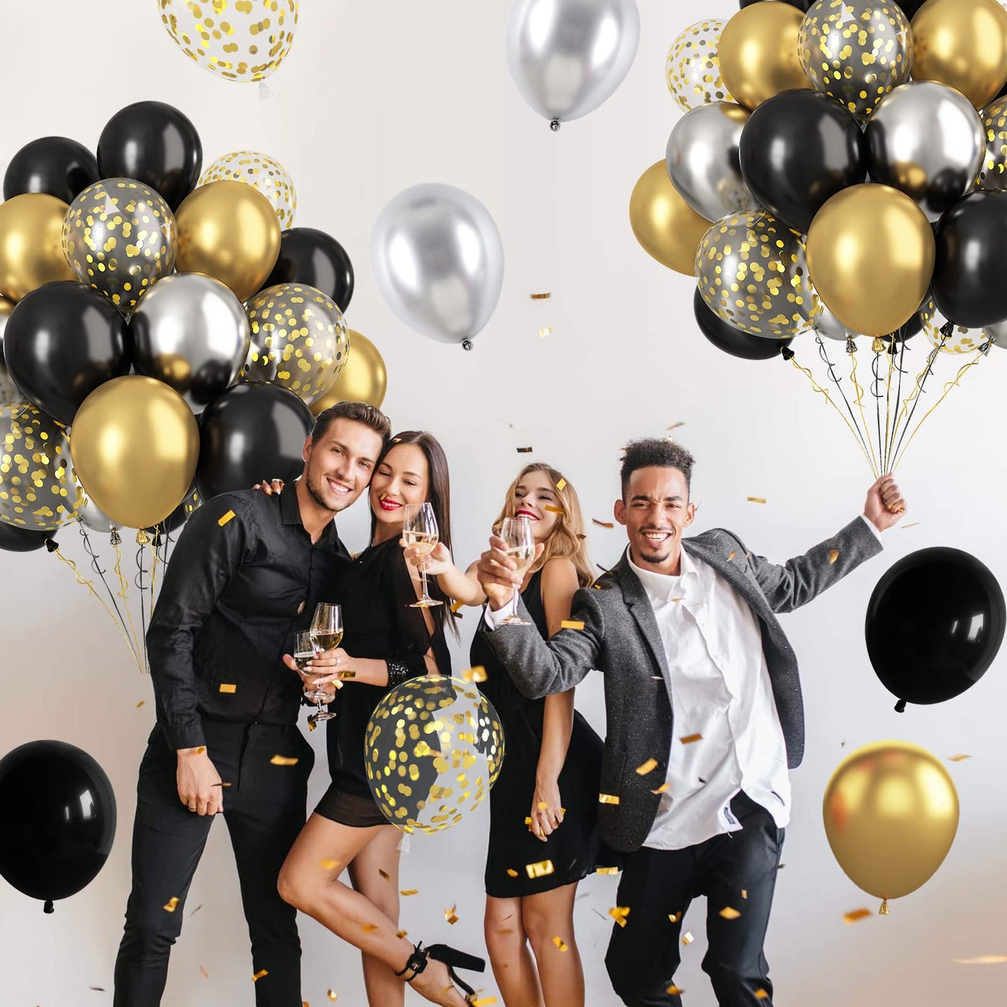 Paready Black And Gold Balloons Latex Balloons, 60 Pcs 12 Inch Silver Gold Confetti Balloons With Ribbons For Birthday Graduatio