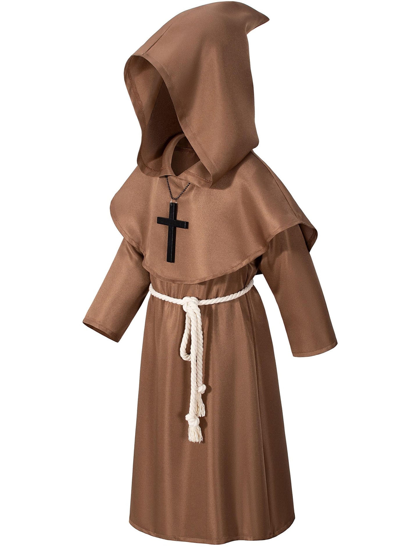 Kids Medieval Renaissance Monk Costume Priest Friar Wizard Cloak Hooded Robe Cosplay Costume Belt Necklace Set(BW 110)