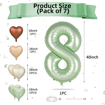 Biapian 40 Inch Sage Green Number 8 Balloons, Large 8Th Birthday Balloons With 18'' Foil Cream Brown Heart Balloon For 8Th Year