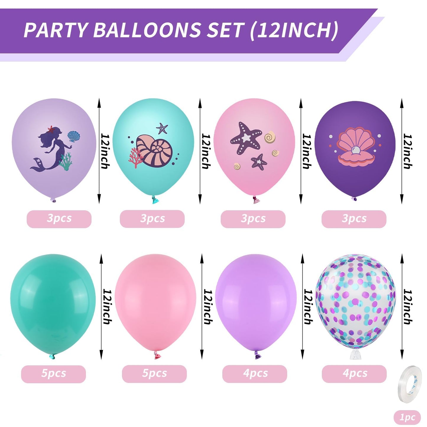 Mermaid Party Balloons, Mermaid Purple Pink Teal Balloon With Conch Shell Starfish Print Balloons Mermaid Confetti Balloon For U