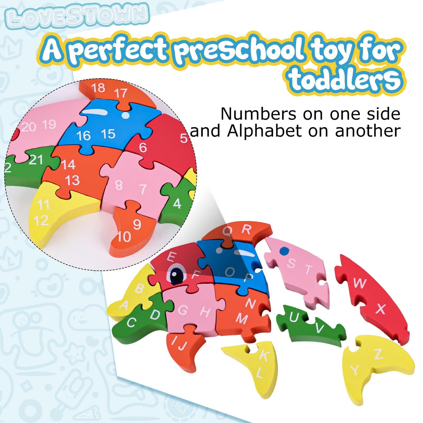 Lovestown Dolphin Wooden Puzzle, 26Pcs Jigsaw Puzzle Alphabet And Number Blocks Wooden Building Blocks For Kid Toddlers Preschool