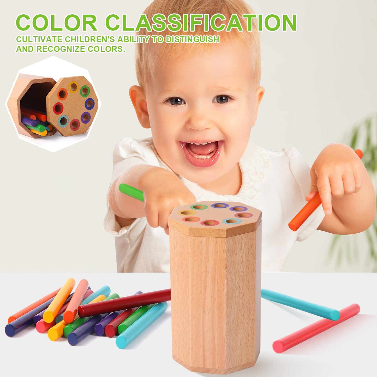 Montessori Toys For 1-3 Year Old: Wooden Learning Color Sorting Sticks Toys For Toddlers Age 1 2 3, Educational Fine Motor Devel