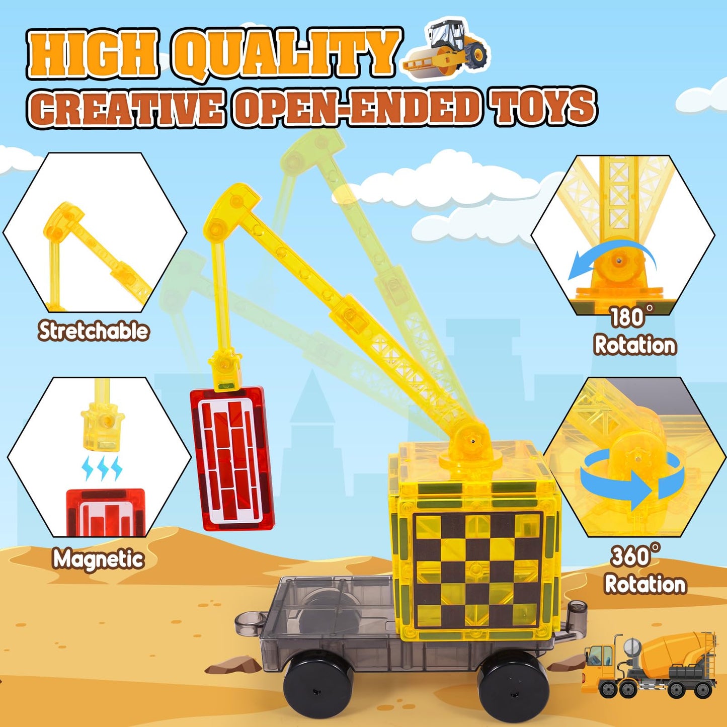 Magnetic Tiles Kids Construction Toys - Road Set With Magnet Crane For Boys Age 3-5 4-8 8-10, Magnet Building Blocks Expansion P