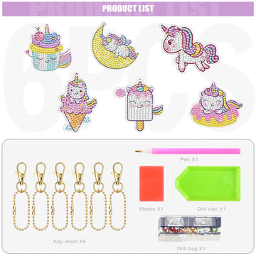 Matharago Diamond Art For Kids 6 Pcs Diy Diamond Painting Unicorn Keyrings Set, Painting By Number Gem Keychains Craft Kits For
