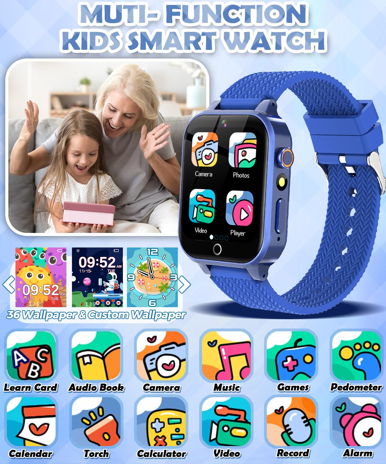Tgfbh Kids Smart Watch For Girls Age 5-12 Toys With 26 Games 2 Screen Protectors Hd Touchscreen Video Camera Music Player Pedometer Learn Card Audiobook Toddler Watches Boys Birthday Gifts (Blue)