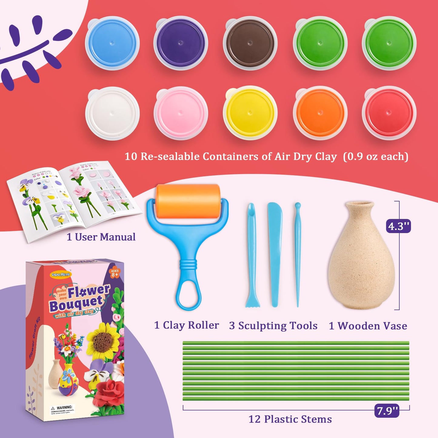 Drama Planet Flower Craft Kit for Kids - Make Your Own Multicolor Clay Bouquet, Medium Size, Model DPN002