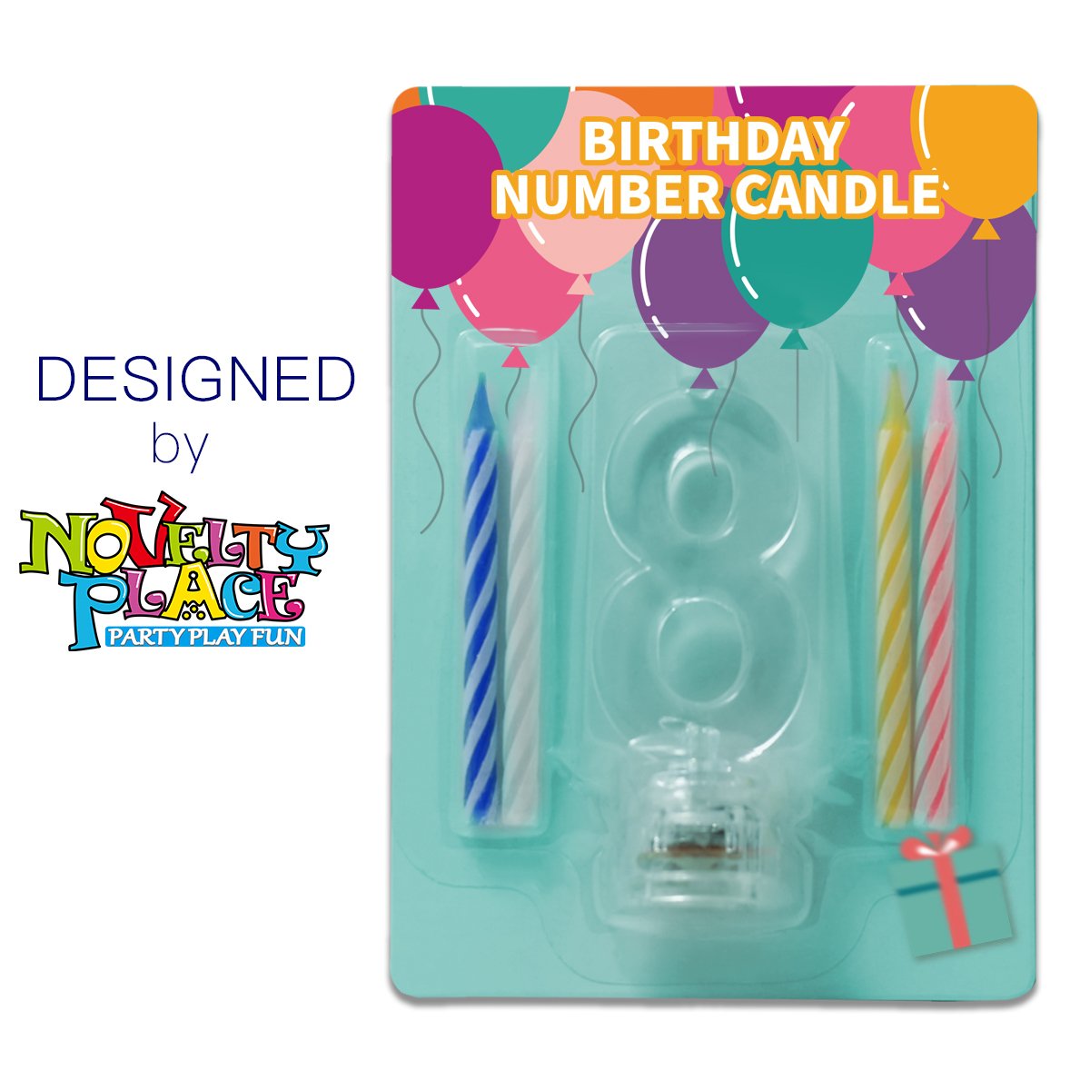 Novelty Place Birthday Number Candle Set, Flashing Multicolor Changing LED Birthday Cake Topper with 4 Wax Candles (Number 8)