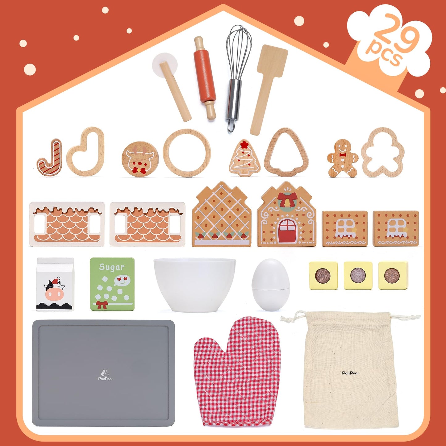 PairPear Gingerbread House Baking Playset - 29-Piece Wooden Christmas Kit for Kids - Educational Pretend Play Food, Child-Size