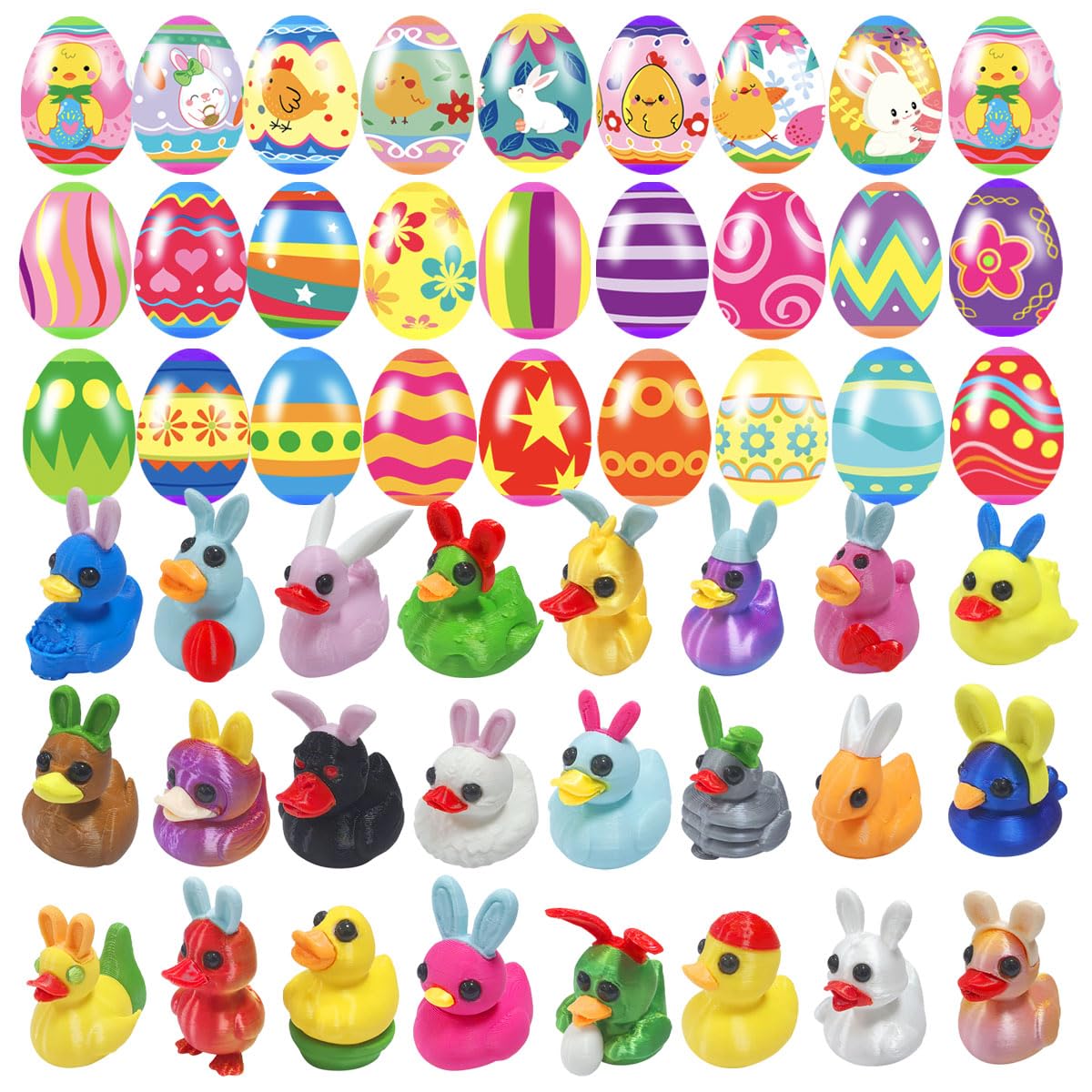 Cherislpy 24 Pcs Prefilled Easter Eggs with 3D Print Easter Ducks Toys Inside for Kids Girls Boys Easter Basket Stuffers Party F